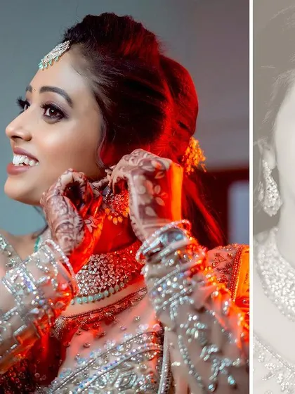 Another diptych capturing the bride's happy expression as she puts on her earrings, with a black and white version for a timeless feel.