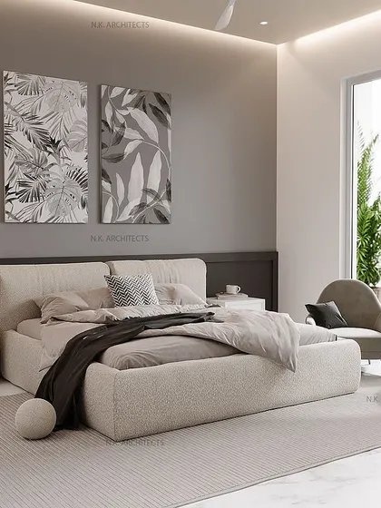 Here is a master bedroom that perfectly balances functionality and elegance. The design uses a minimal color palette, with a comfortable bed, a chic vanity area, and large windows that open to a balcony, flooding the room with natural light.