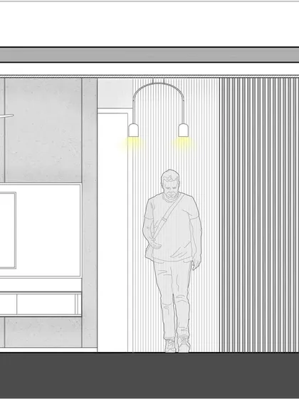 We use human figures in our illustrations to convey scale and demonstrate how a space will be experienced. This drawing shows the flow through a passage with varied lighting and wall textures.