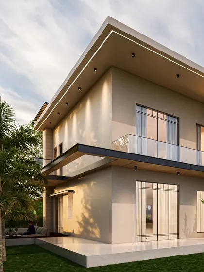 A view of a contemporary residence where architectural volumes are layered to create visual interest and pockets of privacy. Black accents add depth and contrast to the light material palette.
