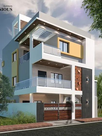 A proposed residence design that uses a pop of yellow to add a playful touch to the modern facade. The elevation is structured with cantilevered balconies and a mix of solid and textured wall surfaces.
