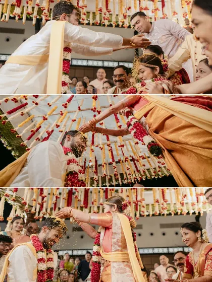A collage showing the fun and playful Talambralu rice ritual from different angles, capturing the couple's laughter.