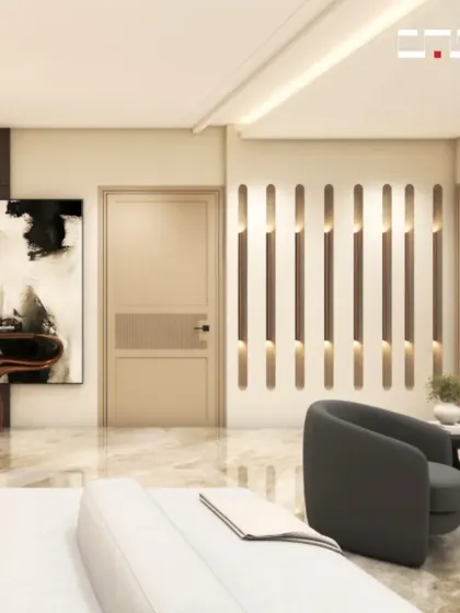 A 3D render of a sophisticated living area with marble floors, unique wall lighting, and abstract art, showcasing a luxurious and artistic design direction.