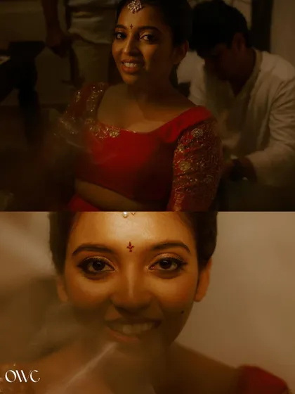 A collage of artistic and candid bridal portraits with a warm, dreamy filter.