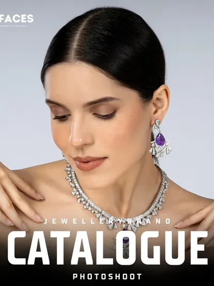 A model gracefully displays a brilliant diamond necklace with a large amethyst stone, perfect for an evening wear or cocktail jewellery line.