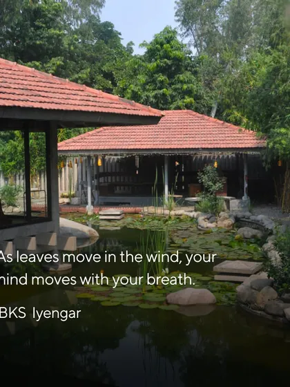 "As leaves move in the wind, your mind moves with your breath." This quote from B.K.S. Iyengar overlooks our serene pond, reminding us to connect our practice with the nature that surrounds us.