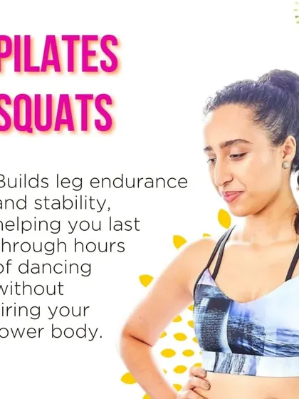Pilates Squats build leg endurance and stability, helping you last through hours of Garba without tiring your lower body.