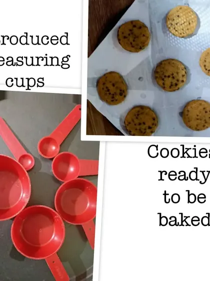 Our choco-chip cookies are placed on a baking sheet, ready for the oven. The children also learned about using measuring cups, an early introduction to volume and mathematics.