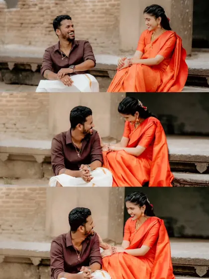 This series of candid shots captures the natural conversation and laughter between the couple during their relaxed pre-wedding session.