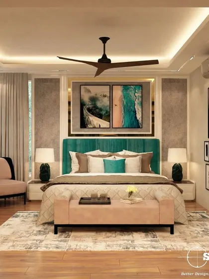A bedroom design that balances comfort and style. The room features a teal headboard, a mix of neutral and pastel bedding, and a gallery wall, creating a personalized and chic retreat.