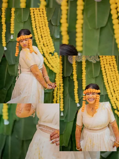A playful collage of the bride making fun faces for the camera during her Haldi ceremony.