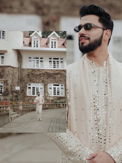 A creative collage of the groom at the Haldi ceremony, combining a close-up portrait with a wider shot of him walking, showcasing his stylish mirror-work kurta.