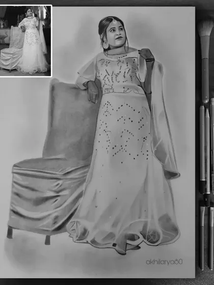 A full-length A3 graphite sketch of a woman in an elegant gown. This shows my ability to handle complex details like fabric draping and beadwork in black and white.