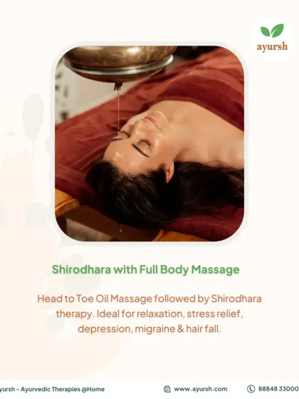 For complete rejuvenation, we offer Shirodhara with a full body massage. This head-to-toe oil massage is ideal for deep relaxation, stress relief, and addressing issues like migraines and hair fall.