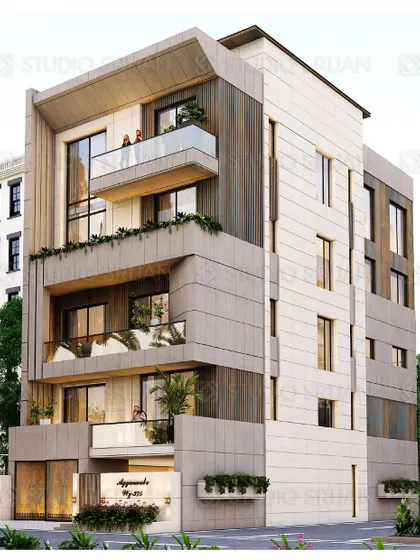 This modern facade for a 220 sq. yard plot in Shiv Nagar, New Delhi, uses a combination of wood paneling, concrete textures, and large windows to create a warm yet contemporary home.