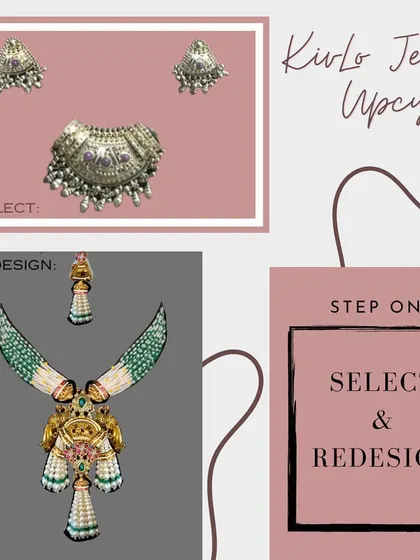 The first step of our process: Select & Redesign. This graphic shows how we take old pieces, like these silver-tone jhumkas, and create a digital design for a completely new piece, like this grand haar.