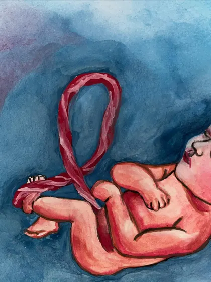 A close-up detail of my watercolor painting depicting a newborn, focusing on the delicate form and colors.