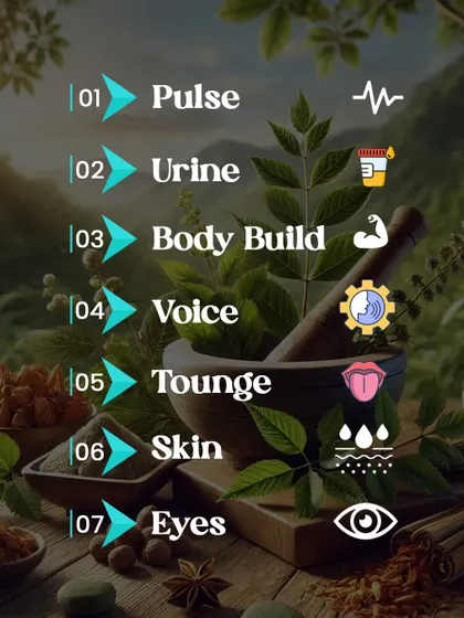 Your body speaks, and we listen. Ayurveda uses seven key diagnostic methods, including checking the pulse, tongue, skin, and even voice, to understand your unique constitution and health imbalances.