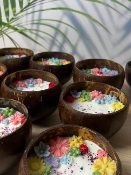 My colorful floral coconut candles are a bestseller. These bring a tropical and cheerful vibe to any space, handcrafted with vibrant wax flowers inside a natural coconut shell.