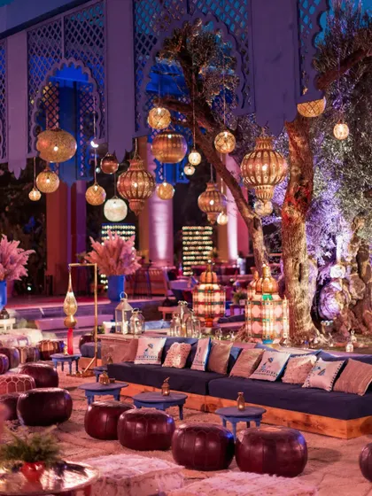 Another view of the sprawling Moroccan lounge, designed to encourage social interaction and relaxation.