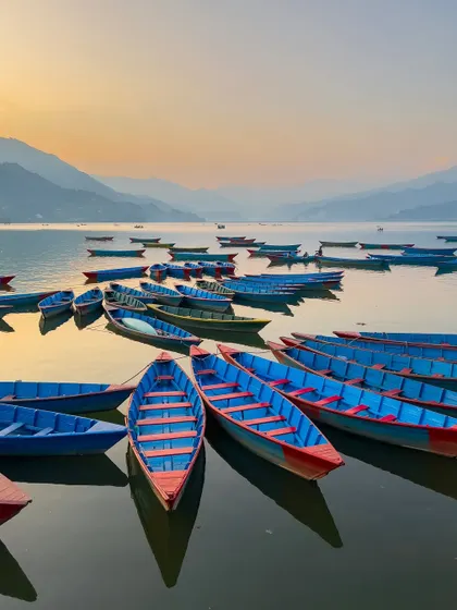 A serene evening at Phewa Lake, Nepal, where dozens of colorful boats rest on the calm water. This travel photograph captures the peaceful atmosphere and beautiful light of the landscape just before sunset.