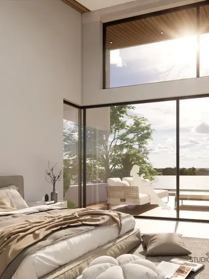 Waking up to this view. The bedroom in the Pai Residence is designed with floor-to-ceiling glass walls, providing an uninterrupted connection to the private terrace, the river, and the morning sun.