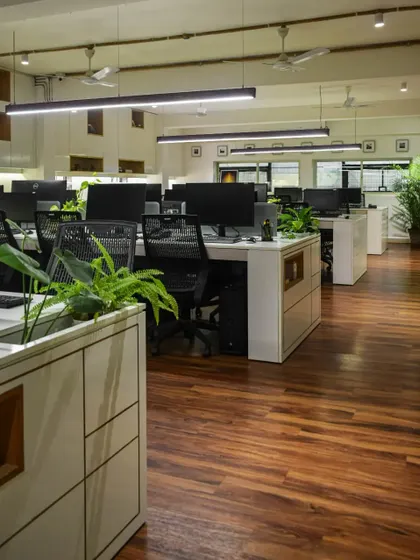 Another view of the SAS workspace, where I've integrated planters into the storage units. This not only adds greenery and improves air quality but also helps to create subtle, natural divisions within the open-plan office.