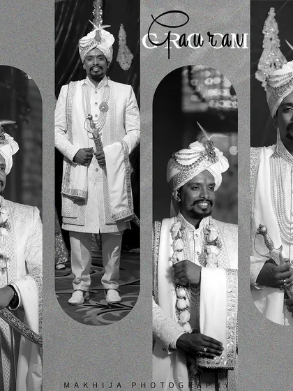 A classic black and white collage of the groom, Gaurav, in his wedding attire. The different poses showcase his royal look, complete with the turban and sword.
