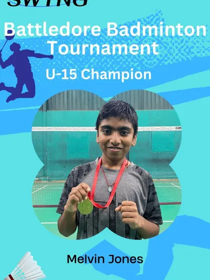 Celebrating our U-15 Champion from the Battledore Badminton Tournament. We support our players in external competitions and celebrate their victories.