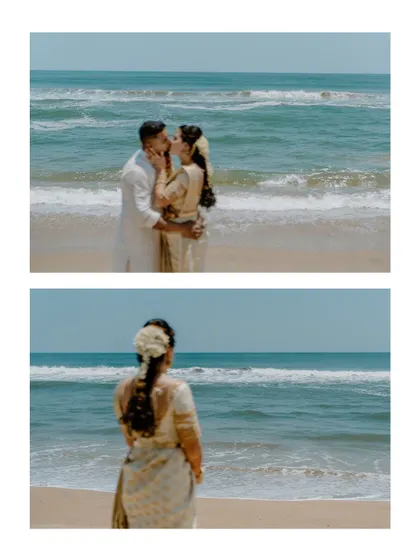 A romantic kiss on the beach, with the waves of the ocean in the background. This collage captures the beautiful connection between the couple in a stunning seaside setting.