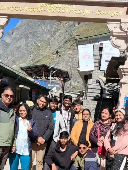 **A Blessed Moment at Badrinath.** A large group of our travelers gathered at the entrance to Badrinath, ready for their darshan.