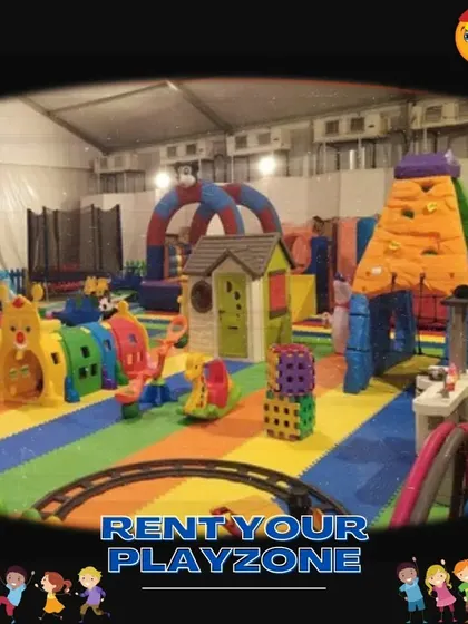 Rent your playzone from me to enjoy special moments. This large indoor setup in a tent is filled with a variety of toys, including a climbing wall, trampoline, playhouses, and a train track.