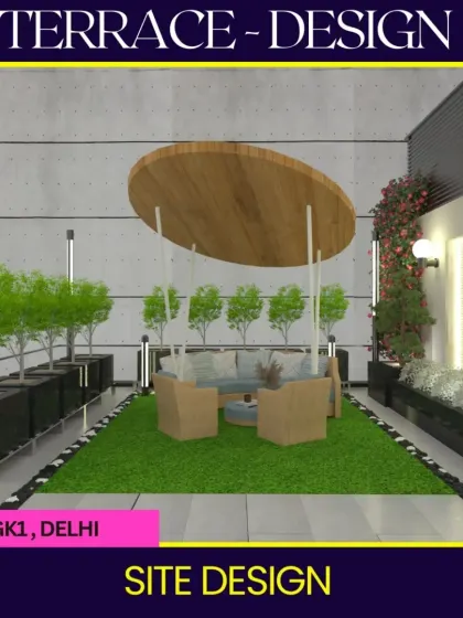 A design ideation for a GK1 terrace, featuring a unique floating circular canopy over a seating area. This concept plays with geometric shapes and clean lines to create a distinctly modern and minimalist feel.