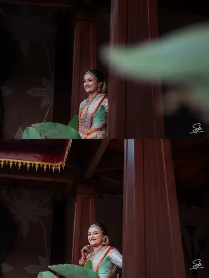 Peeking through architectural elements to capture a candid portrait of the bride, adding a sense of intimacy and discovery.