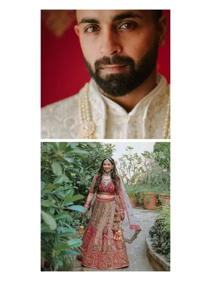 Individual portraits of the handsome groom and the beautiful bride in her red and gold lehenga.