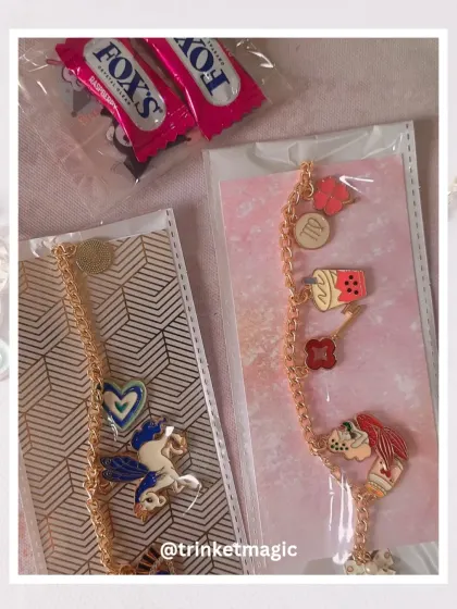 A spotlight on a custom order. This client wanted a unique bracelet, and we worked together to pick charms that told her story, including a unicorn, a mermaid, and her zodiac sign.