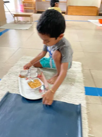 Spooning grains from one bowl to another is an early practical life activity. It isolates the wrist movement needed for writing and helps children develop control, precision, and the ability to complete a task from start to finish.
