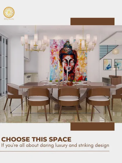 For those who appreciate daring luxury, this dining room makes a bold statement. The vibrant Buddha artwork serves as a stunning focal point, complemented by a modern chandelier and elegant seating.