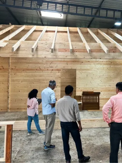 A view of the timber frame structure for the Kanha treehouse mockup. This allows us to test the spatial quality and structural integrity of the design, ensuring every element is perfected with the forest in mind.