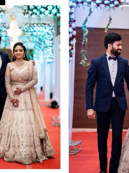 A diptych of the couple at their reception, capturing both a posed shot and a candid walking moment.