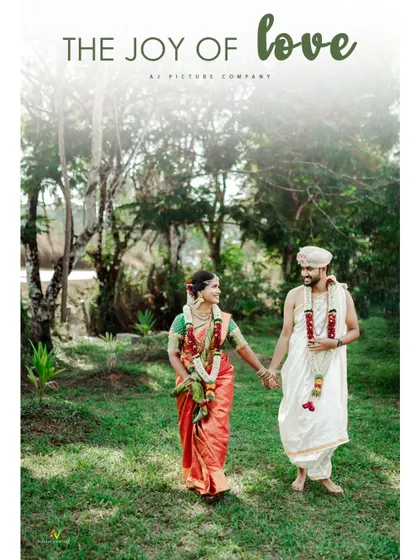 A beautiful, artistic shot of a couple walking in a green, natural setting, titled "The Joy of Love."