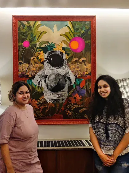 Posing with the new owner of 'Recuperation'. This 3ft by 4ft acrylic on canvas uses visual analogy and imagery to explore the mental journey from solitude to embracing the future.