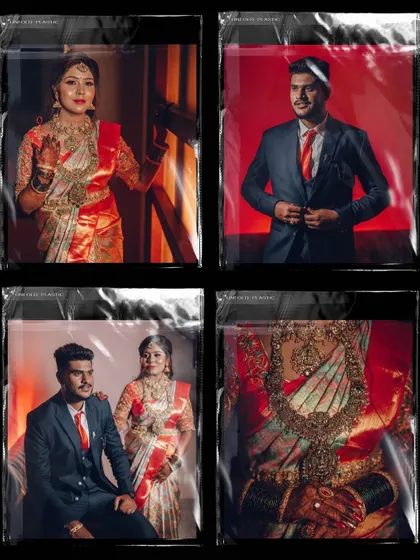 A four-panel, artistically edited collage of a couple's reception looks, presented with a modern, textured overlay.
