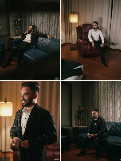 A four-panel collage of the groom's portraits, showcasing his different moods and poses in a sophisticated, low-light setting.