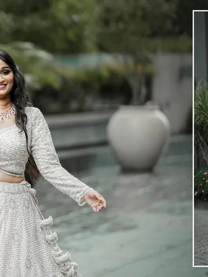 A joyful, candid shot of the bride walking with her groom. This collage captures the happiness and movement of the day, showing the couple in a natural, relaxed state.