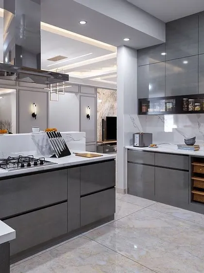 A 3D render of a luxurious open kitchen with an island. The design features dark grey handle-less cabinets, white marble countertops, and integrated high-end appliances, showcasing a bold and modern aesthetic.