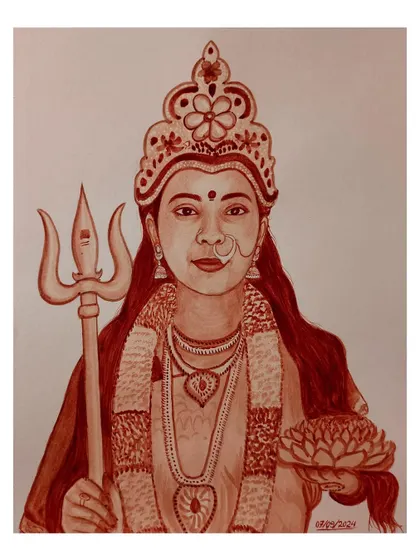 A powerful blood portrait depicting a woman as a goddess, complete with a crown, trident, and lotus. This is a great example of a highly customized, thematic portrait.