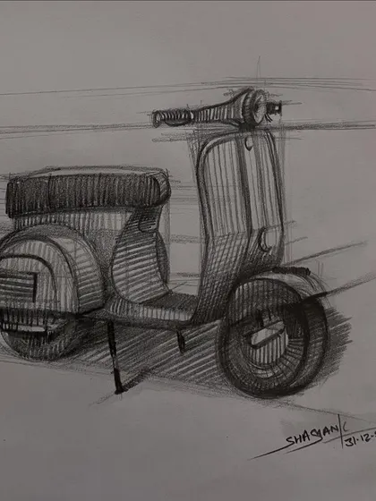 A classic scooter drawn in pencil, a study in capturing iconic designs and reflective surfaces.