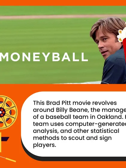 The movie 'Moneyball' shows how the manager of a baseball team, played by Brad Pitt, uses statistical analysis and computer-generated data to build a winning team on a tight budget.