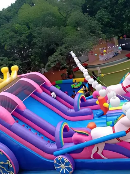 A magical unicorn-themed inflatable carriage slide. This is a dream come true for any child who loves fairytales and adds a huge "wow" factor to the party.